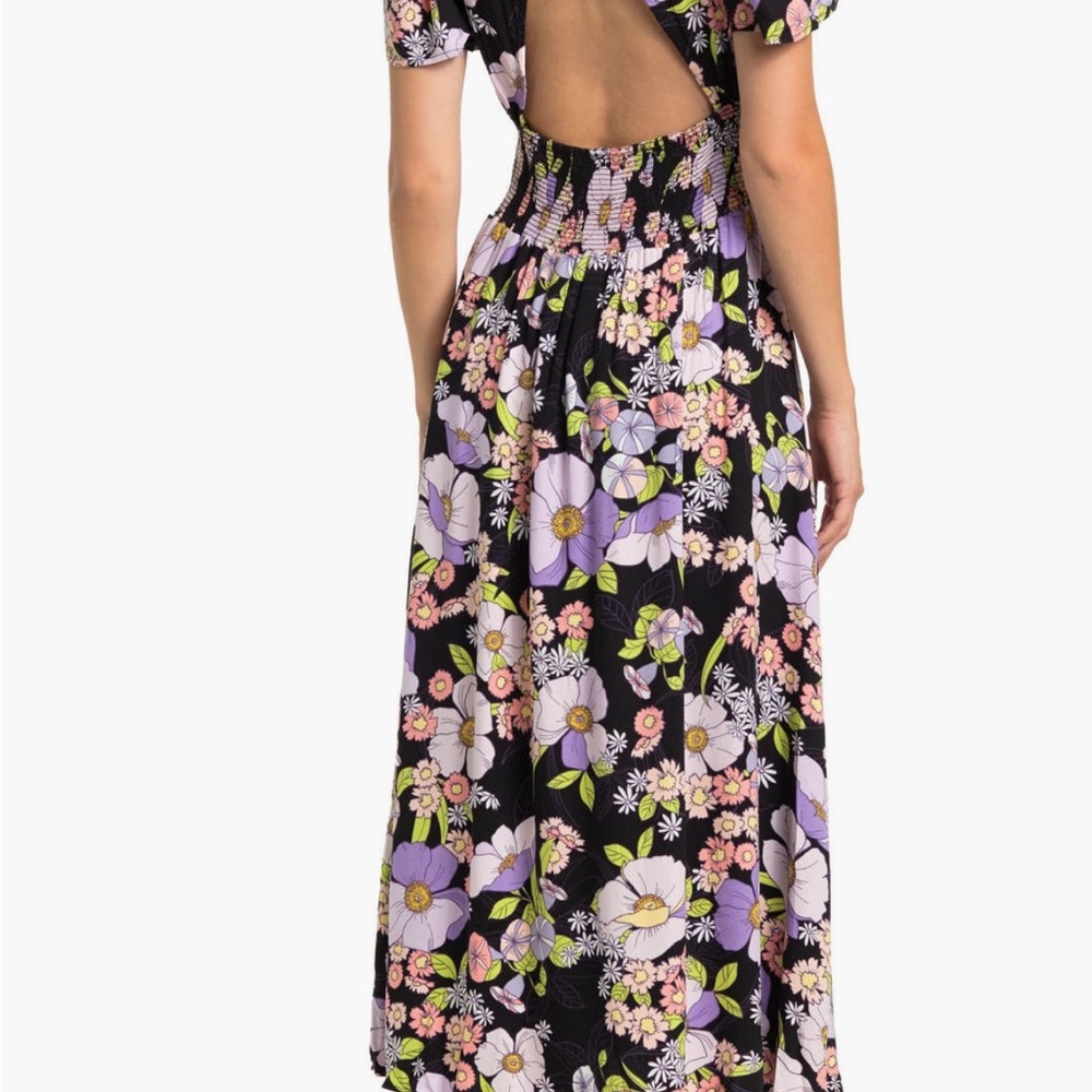 AFRM Floral Midi Dress Slit Puff Sleeves Open Back NWT - Picture 7 of 7